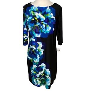 Dressbarn 3/4 Sleeve Dress with Blue Floral Design Women’s 10 NWT